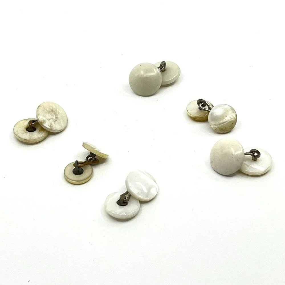VTG Antique Mother of Pearl Cufflinks Lot Set White Shell Brass Tone Dress Studs